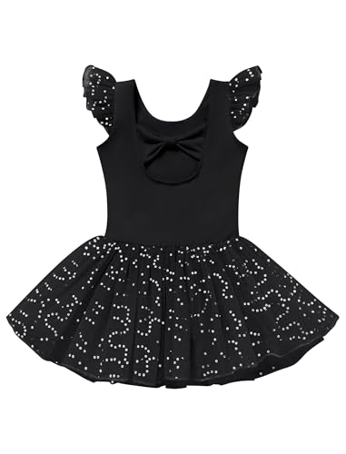AGYMNX Kid Girls Classic Ruffle Sleeve Ballet Skirted Leotard Shiny Dance Tutu Dresses Ballerina Costume Black - Image 4