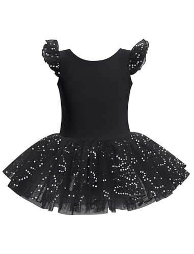 AGYMNX Kid Girls Classic Ruffle Sleeve Ballet Skirted Leotard Shiny Dance Tutu Dresses Ballerina Costume Black - Image 1