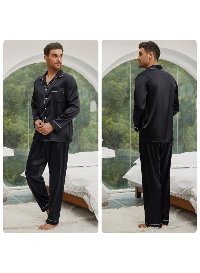 Feraco New Men's Ice Silk Pajama Set for Spring and Autumn - Two-Piece Set with Lapel, Long Sleeves, and Pants - European and American Style, Casual and Comfortable (Black) - Image 1