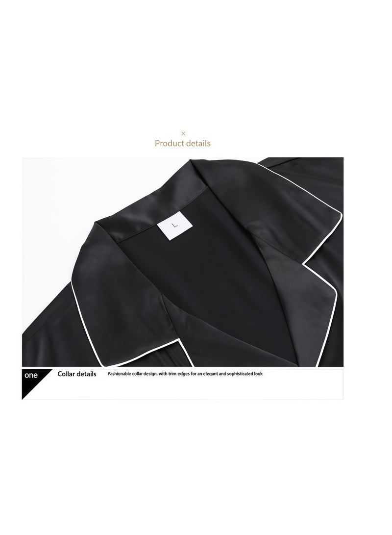 Feraco New Men's Ice Silk Pajama Set for Spring and Autumn - Two-Piece Set with Lapel, Long Sleeves, and Pants - European and American Style, Casual and Comfortable (Black) - Image 2