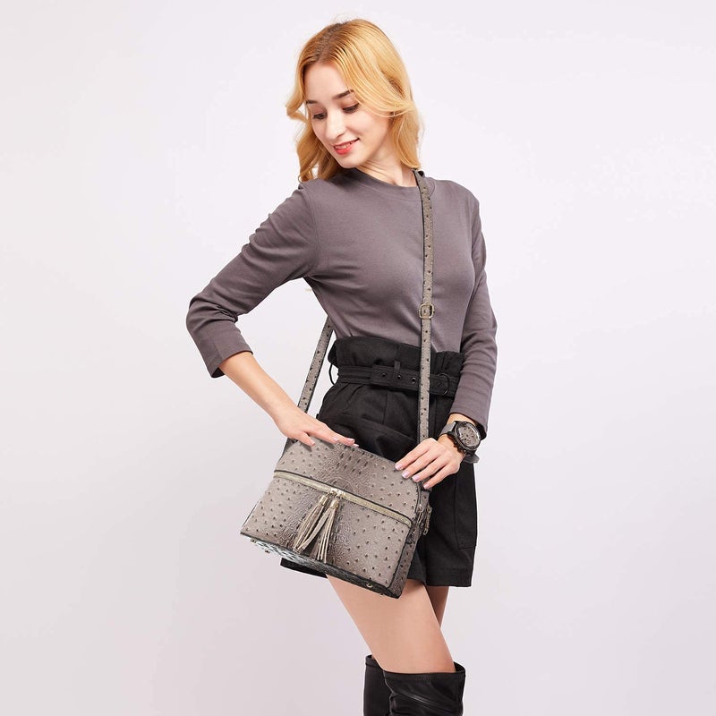 Dasein Women Tassel Zipper Pocket Crossbody Bag Shoulder Purse Fashion Travel Bag with Multi Pockets(Ostrich Khaki) - Image 2