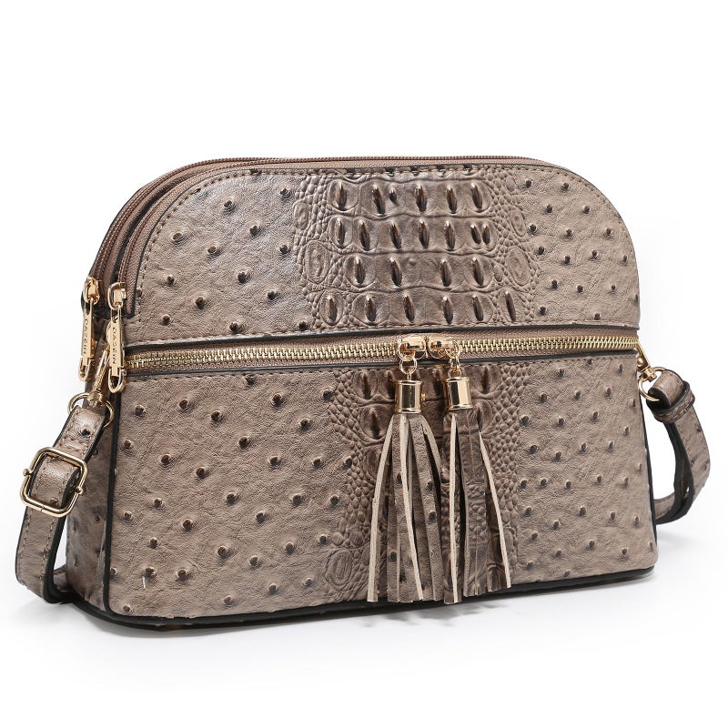 Dasein Women Tassel Zipper Pocket Crossbody Bag Shoulder Purse Fashion Travel Bag with Multi Pockets(Ostrich Khaki) - Image 1