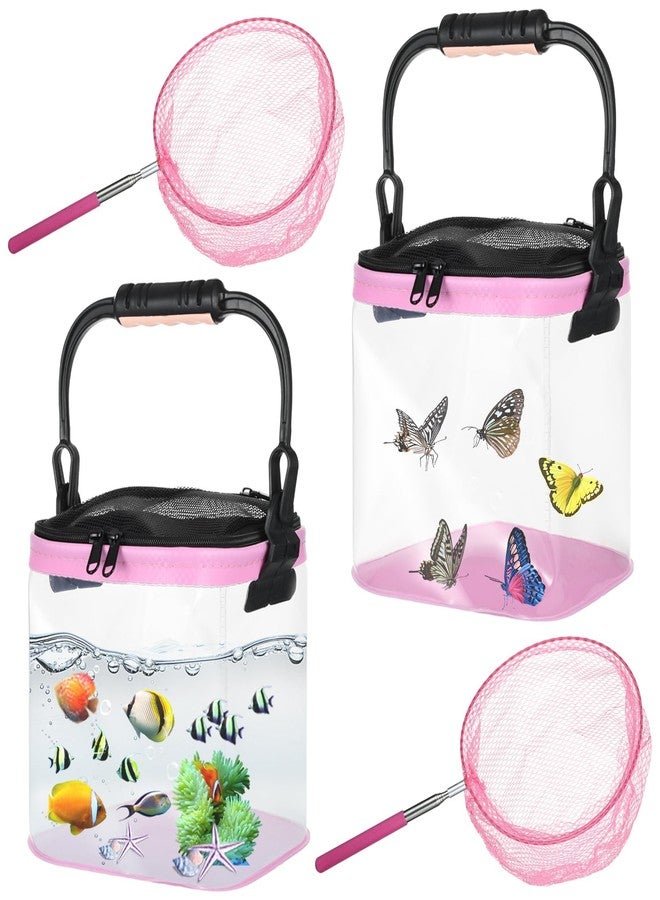 DANHMAO 2 Sets Catch Plastic Beach Aquarium Kit, Release Aquarium Box for Beach with Retractable Net Bag and Transparent Portable Handheld（Pink） - Image 1