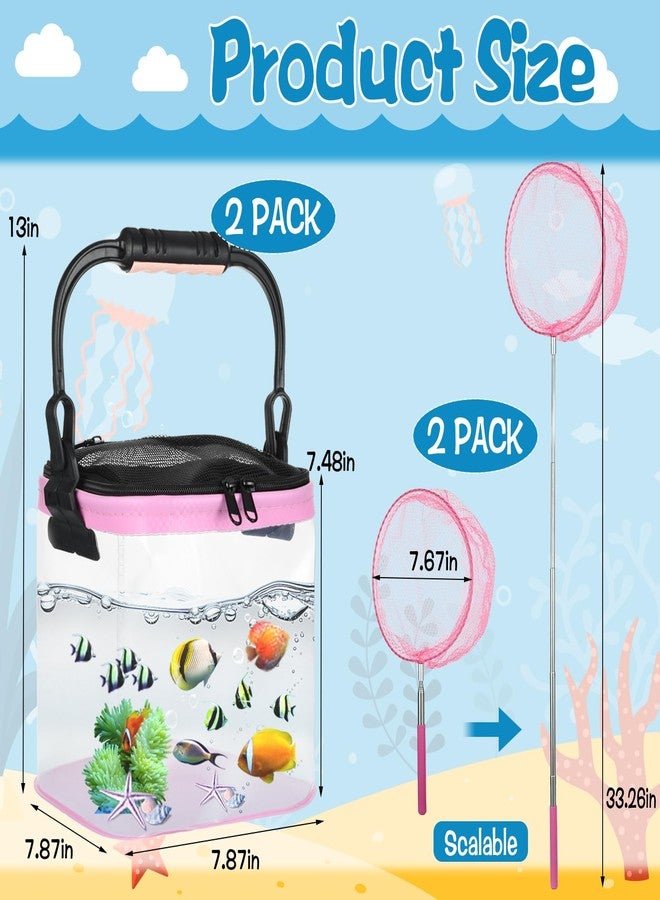DANHMAO 2 Sets Catch Plastic Beach Aquarium Kit, Release Aquarium Box for Beach with Retractable Net Bag and Transparent Portable Handheld（Pink） - Image 2