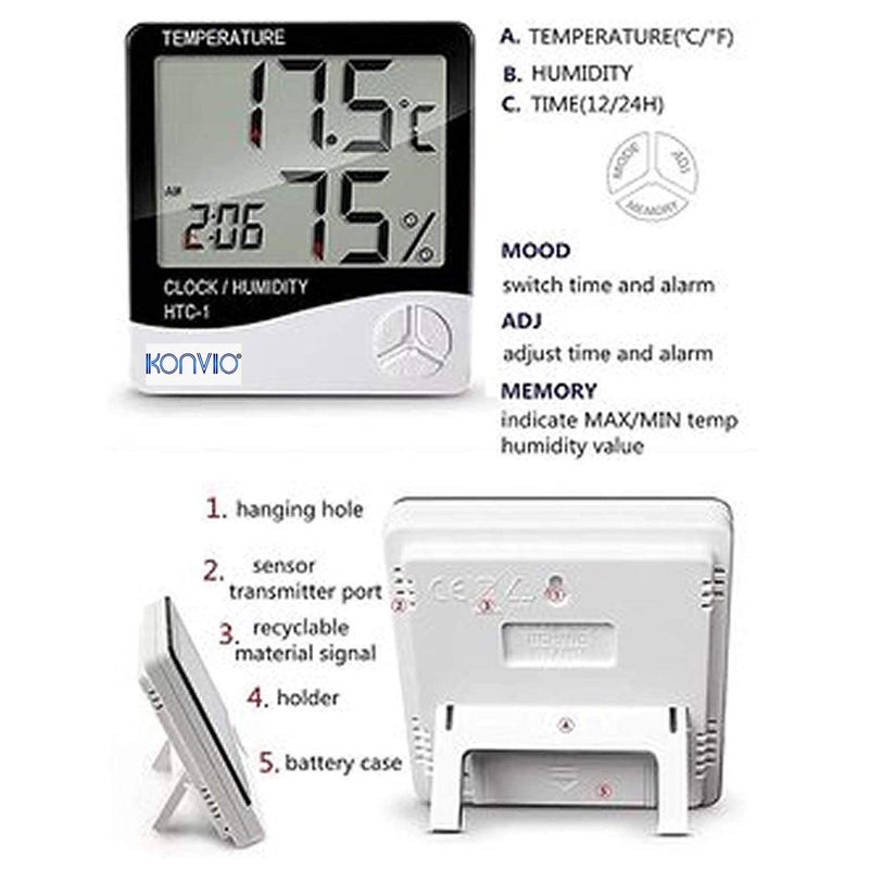 Konvio HTC01 Room Temperature with Humidity Meter and Plastic Digital Clock with Alarm Wall Mount or Table Top - Image 5