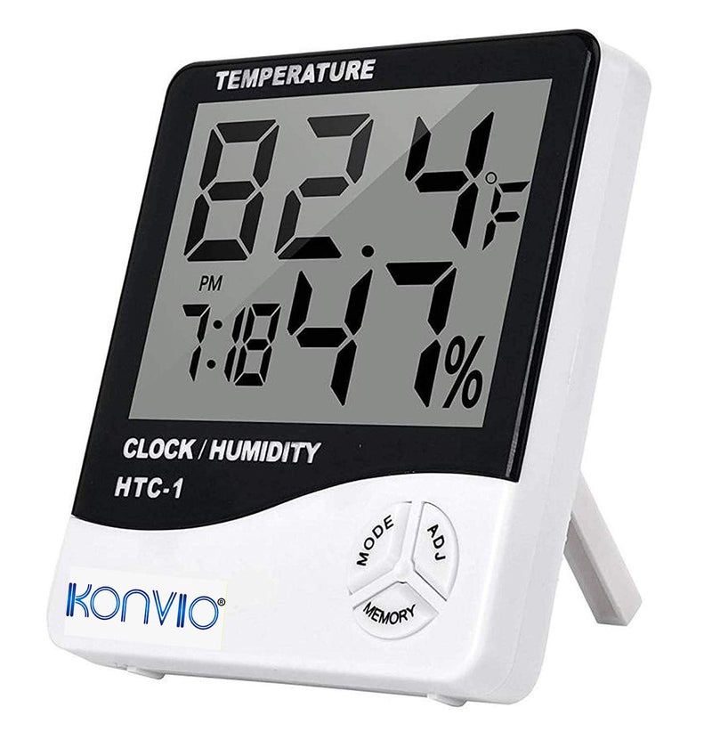 Konvio HTC01 Room Temperature with Humidity Meter and Plastic Digital Clock with Alarm Wall Mount or Table Top - Image 2