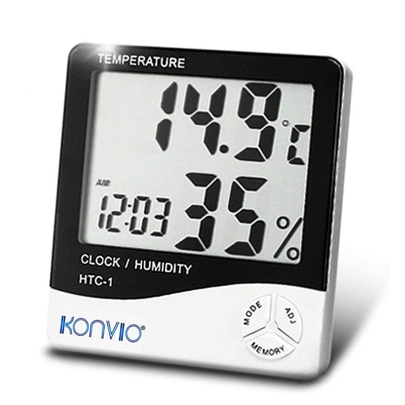 Konvio HTC01 Room Temperature with Humidity Meter and Plastic Digital Clock with Alarm Wall Mount or Table Top - Image 1