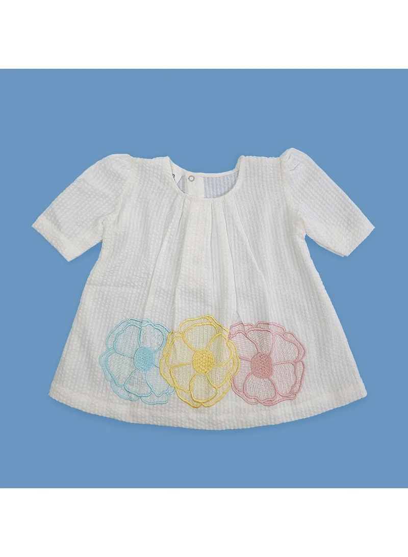 كيبي فستان بناتي قطن عضوي مطرز بالزهور بأكمام ثلاثة أرباع