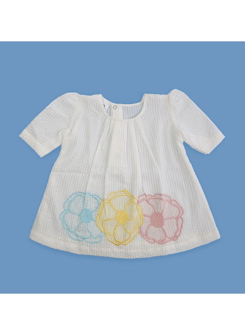 Keebee Organic Cotton Textured Puff 3/4 Sleeve Flowers Woven Embroidered White Girls Dress - Image 1