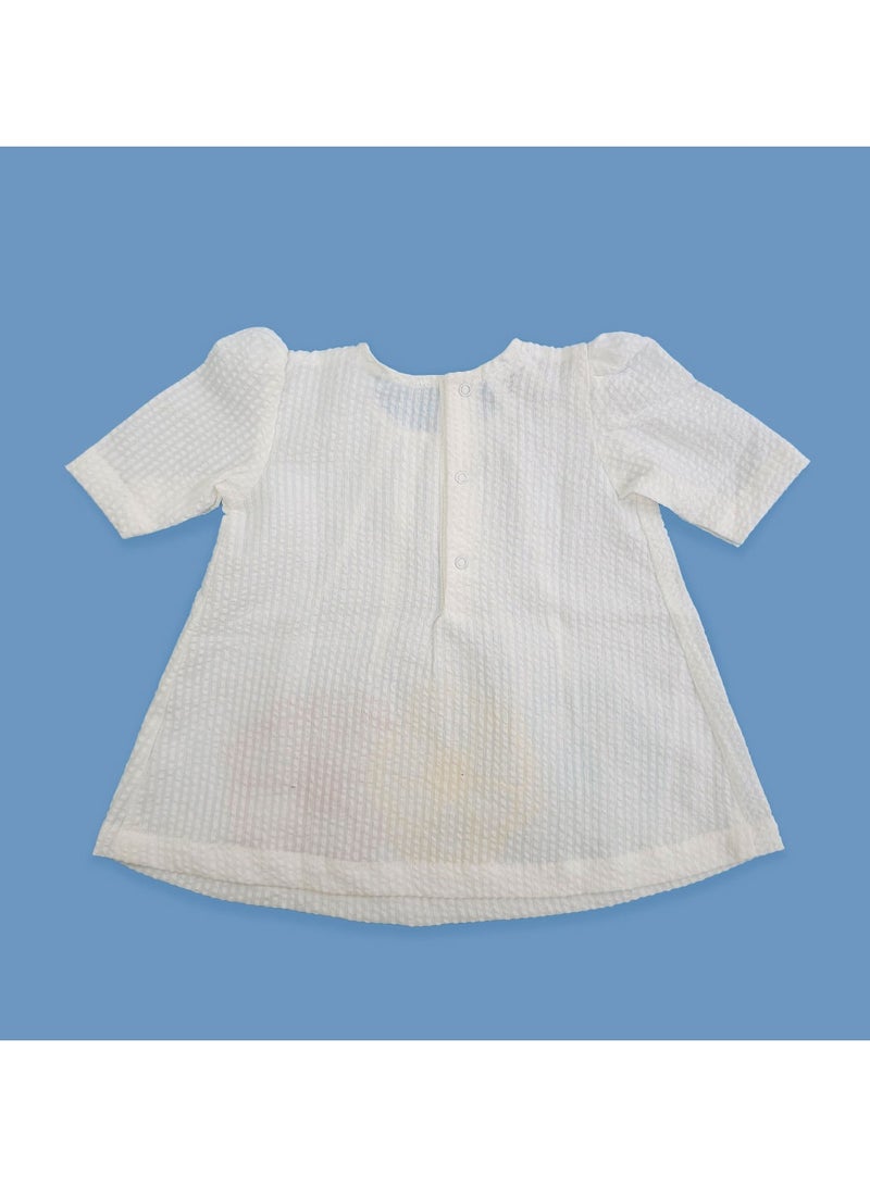 Keebee Organic Cotton Textured Puff 3/4 Sleeve Flowers Woven Embroidered White Girls Dress - Image 2