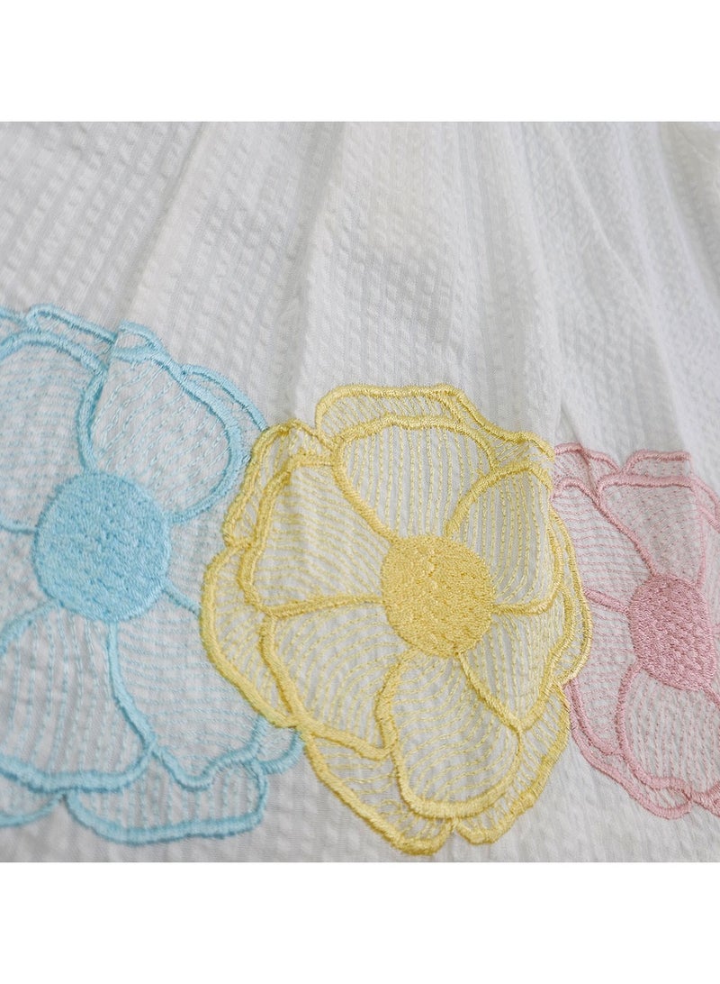 Keebee Organic Cotton Textured Puff 3/4 Sleeve Flowers Woven Embroidered White Girls Dress - Image 3