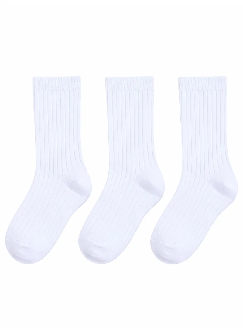 Al Ibrah Kids White Ribbed Crew Socks 3 Pack - Soft Cotton Blend with Reinforced Heel & Toe