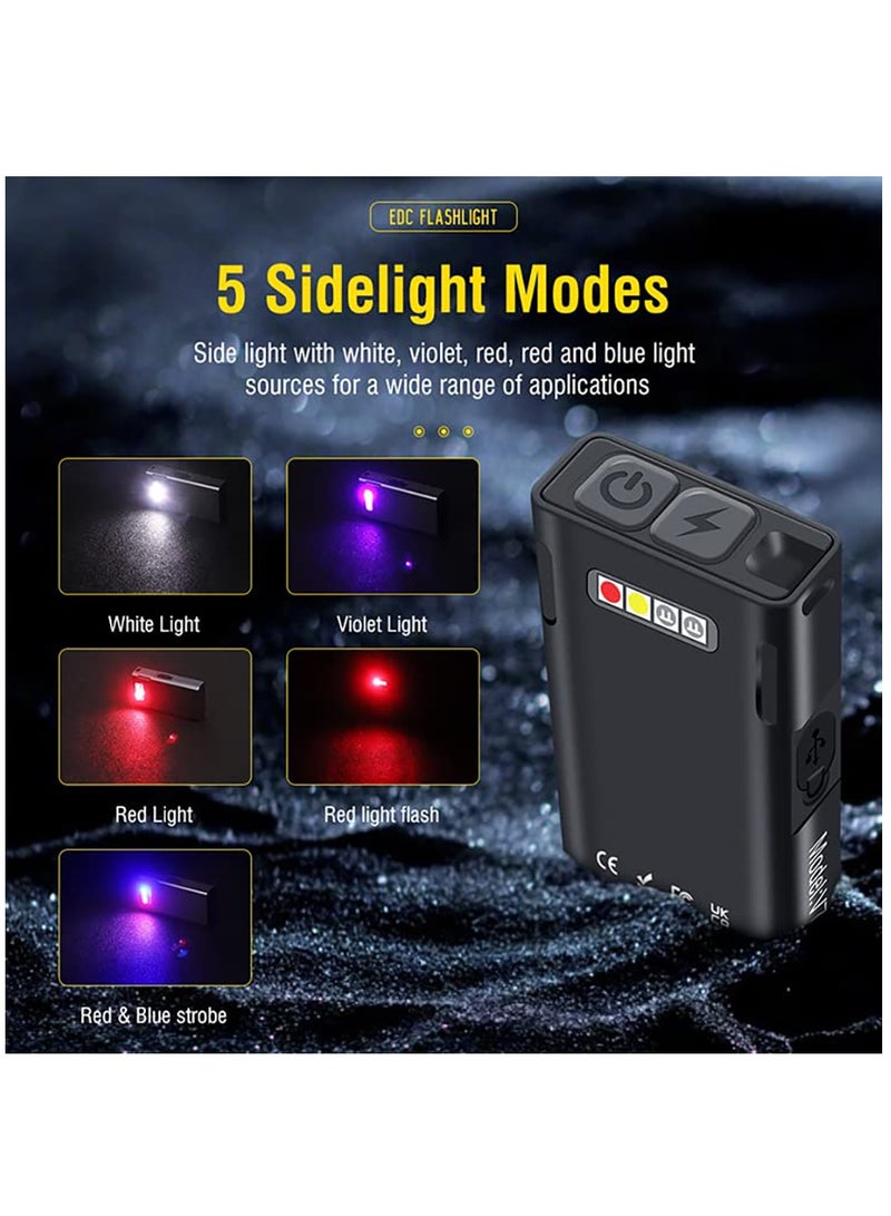Compact 1100 Lumens Mini Flashlight - Powerful EDC Keychain Light with Red & UV Modes, USB-C Rechargeable, 10 Settings, IPX5 Waterproof, Magnetic Clip (Black) - Image 4