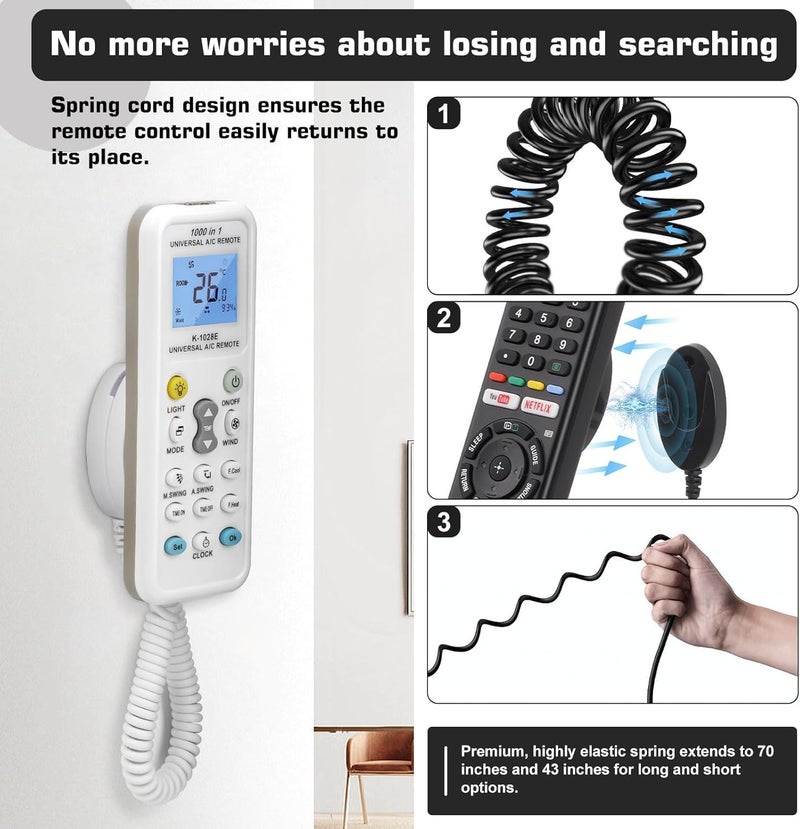 WALLFID 2-Pack Magnetic Remote Control Holders with Spring Ropes - Safely Secure Remotes & Small Items, Wall-Mount with Adhesive, Anti-Loss, Rapid Adsorption, Extendable Spring (Black 70 inch, 2 Pack) - Image 2
