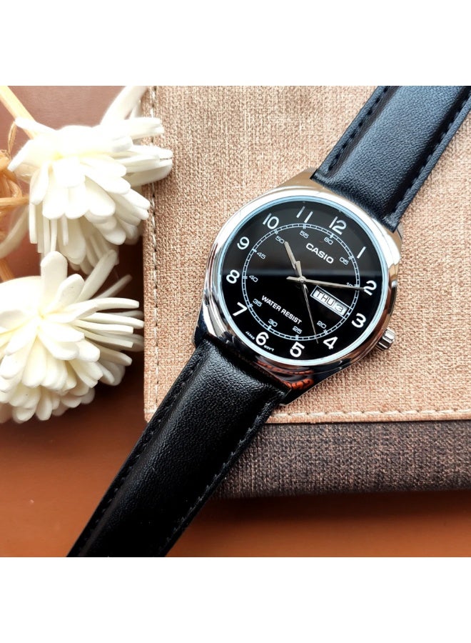 كاسيو ساعة كاسيو رجالية بسوار جلدي MTP-V006L-1B2UDF – ميناء أسود بأرقام واضحة مع عرض اليوم والتاريخ ومقاومة للماء - Image 5