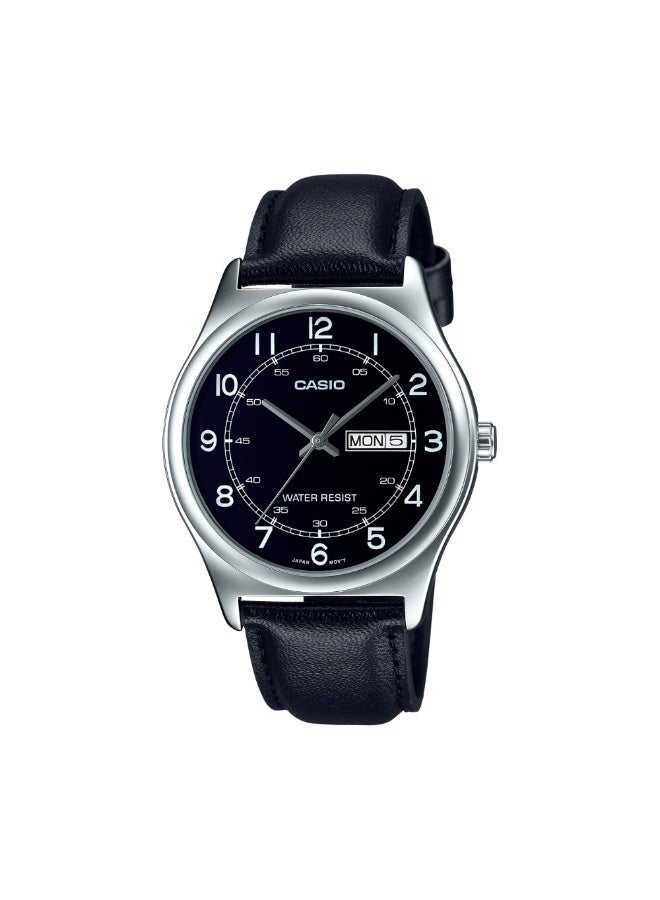 كاسيو ساعة كاسيو رجالية بسوار جلدي MTP-V006L-1B2UDF – ميناء أسود بأرقام واضحة مع عرض اليوم والتاريخ ومقاومة للماء - Image 1