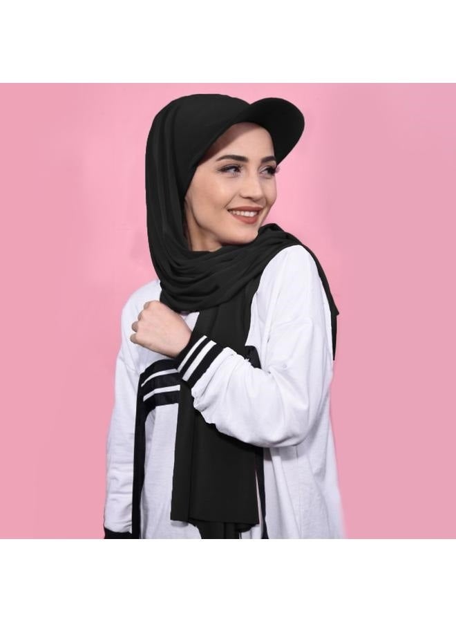 حجاب مع قبعة للنساء قابل للتعديل ناعم طويل تحت وشاح قبعات البيسبول أغطية رأس إسلامية باللون الأسود - Image 1