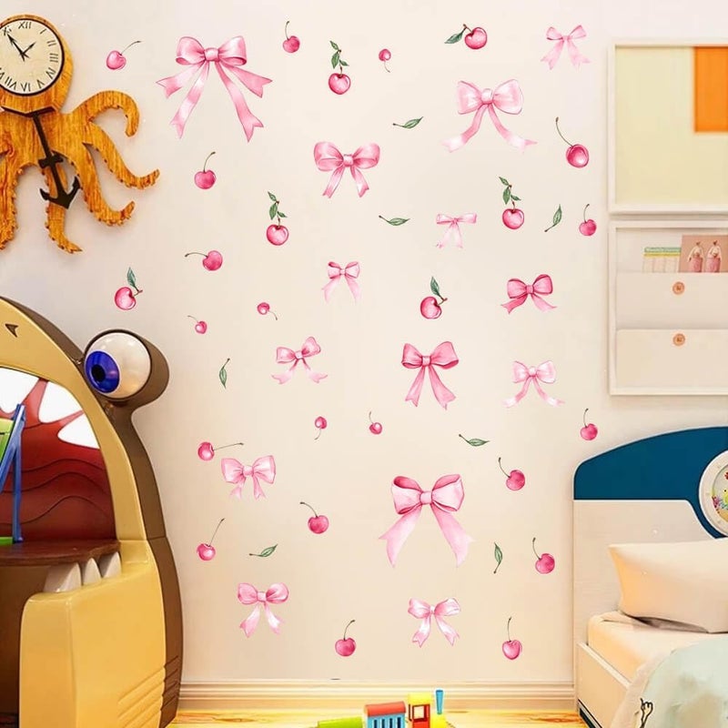 Vomika 48PCS Pink Bow Wall Decals, Watercolor Coquette Cherry Wall Stickers | Light Pink Bow Knot Wall Art Decor, Bowtie Fruit Vinyl Wallpaper, for Nursery Bedroom Room Decor Girls Party Supplies - Image 5