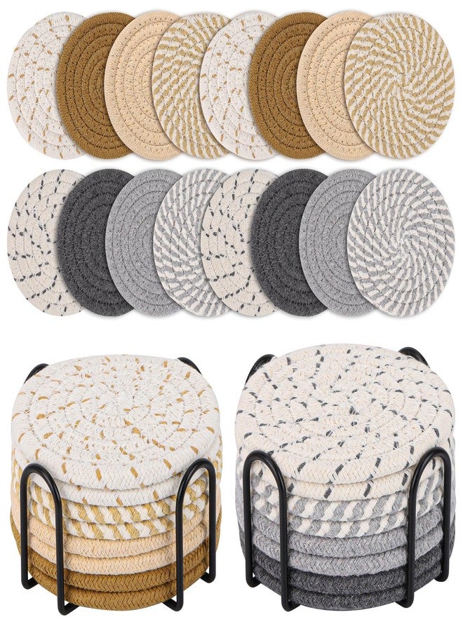 acDesign 16Pcs Drink Coasters with Holder, 8 Colors Absorbent Coasters Minimalist Cotton Woven Coaster for Living Room Decor,Tabletop - Image 1