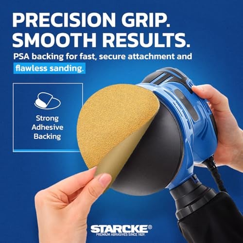 Starcke 5 inch Sanding Discs 80 Grit Sandpaper Discs PSA Adhesive Sandpaper Roll No Hole - Disc Gold Round Sanding Paper, Durable Sand Paper for Wood, Auto Body, Metal, Marine Paint for Smooth Surfaces - Image 5