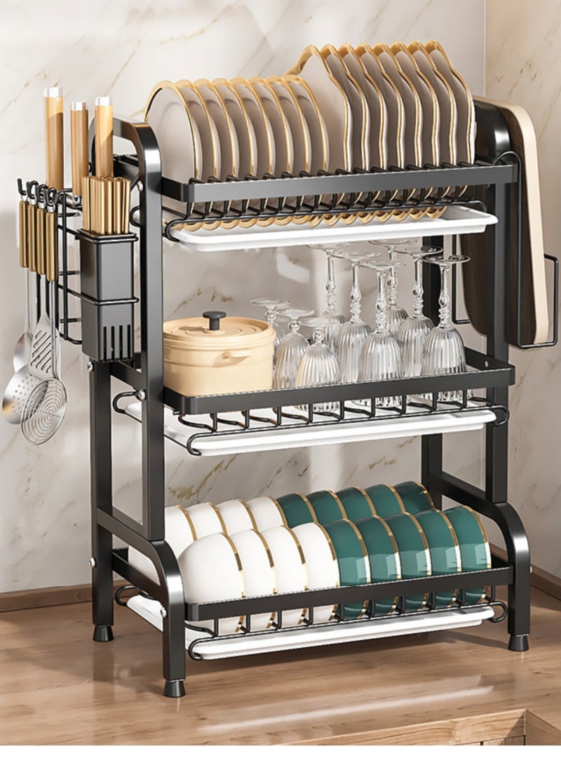 حياة جيدة 3 طوابق أطباق مجفف الملابس مع المنصات ، ورفوف إمدادات المطبخ ، رفوف المطبخ ، أسود - Image 1