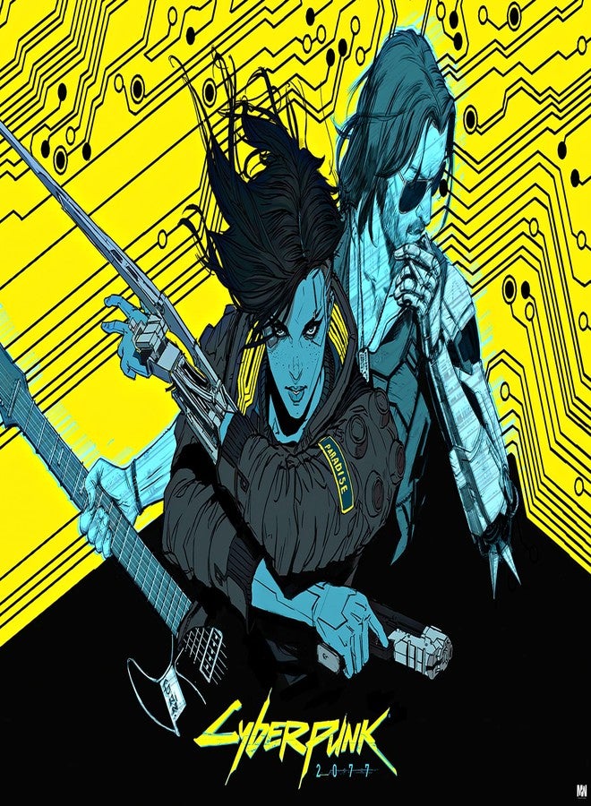 Midnight Works ملصق Midnight Works لـ Cyberpunk 2077 V وشخصية جوني سيلفرهاند، مقاس 18 × 12 بوصة، 300 غرام/متر مربع - Image 1