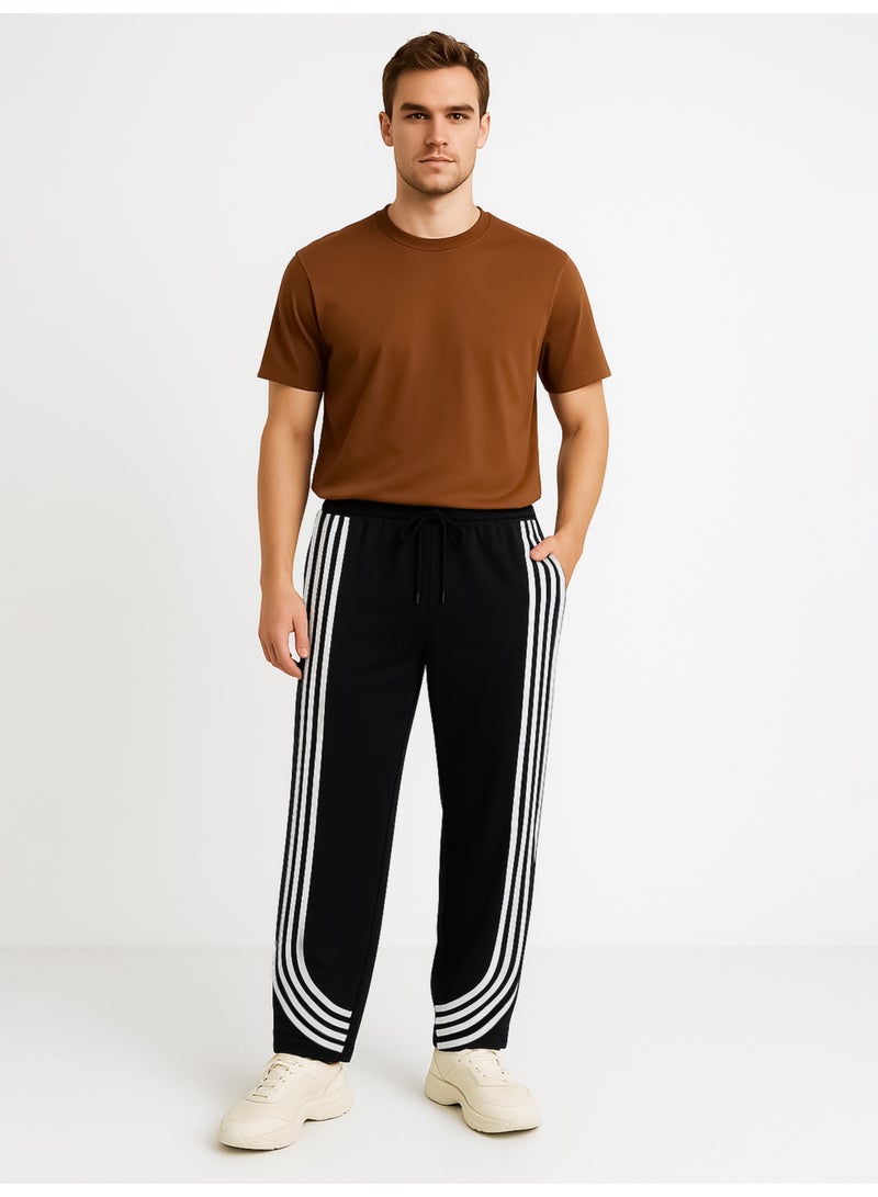 Maniac Mens Curved Stripe Black and White Cotton Baggy Fit Trackpant - Image 5
