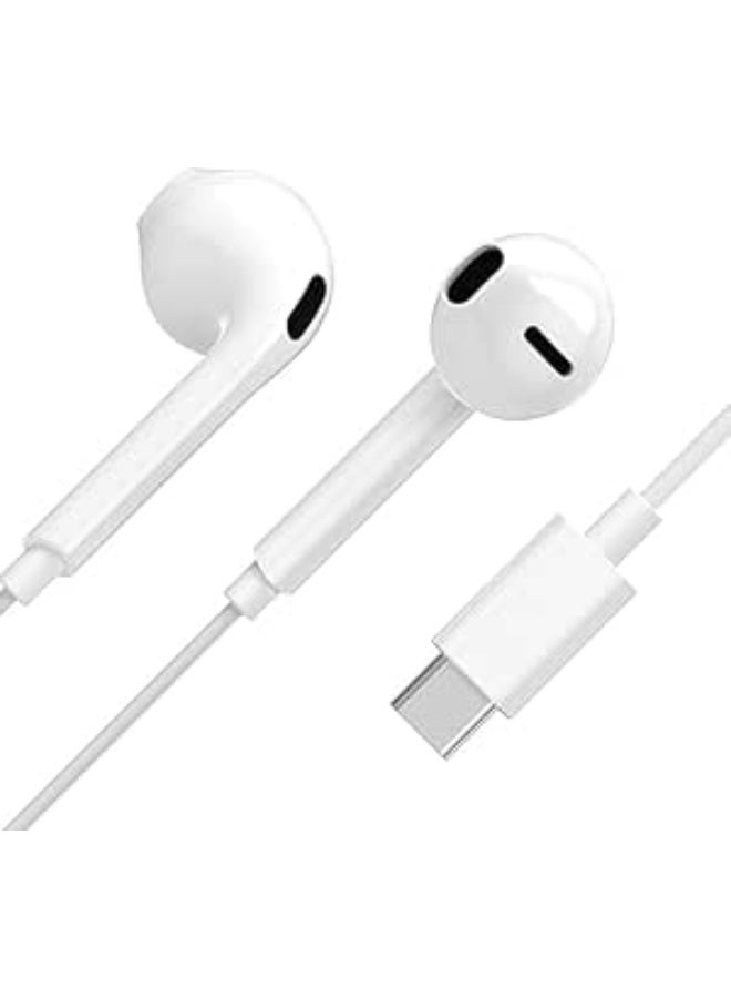 Portable wired earphones with USB-C port and noise cancellation, with microphone, compatible with all other USB-C devices, in-ear design, white color. - Image 1