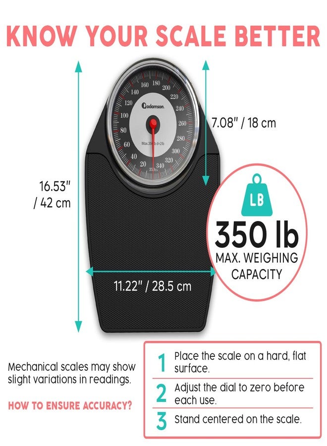 Adamson A24 Scales for Body Weight - Up to 350 LB - New - Anti-Skid Rubber Surface Extra Large Numbers - High Precision Bathroom Scale Analog - Durable with 20-Year Assurance - Black - Image 3