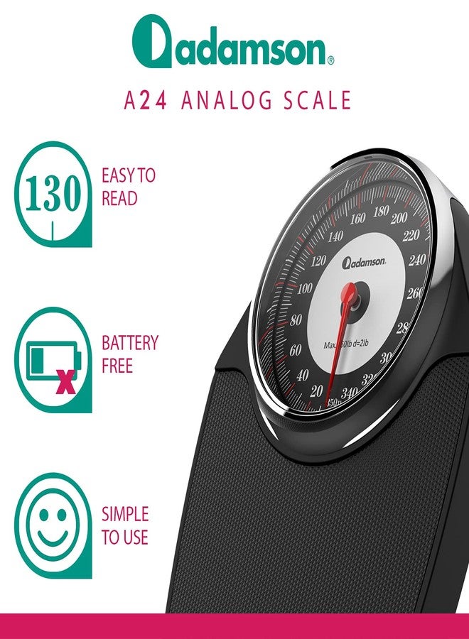 Adamson A24 Scales for Body Weight - Up to 350 LB - New - Anti-Skid Rubber Surface Extra Large Numbers - High Precision Bathroom Scale Analog - Durable with 20-Year Assurance - Black - Image 2