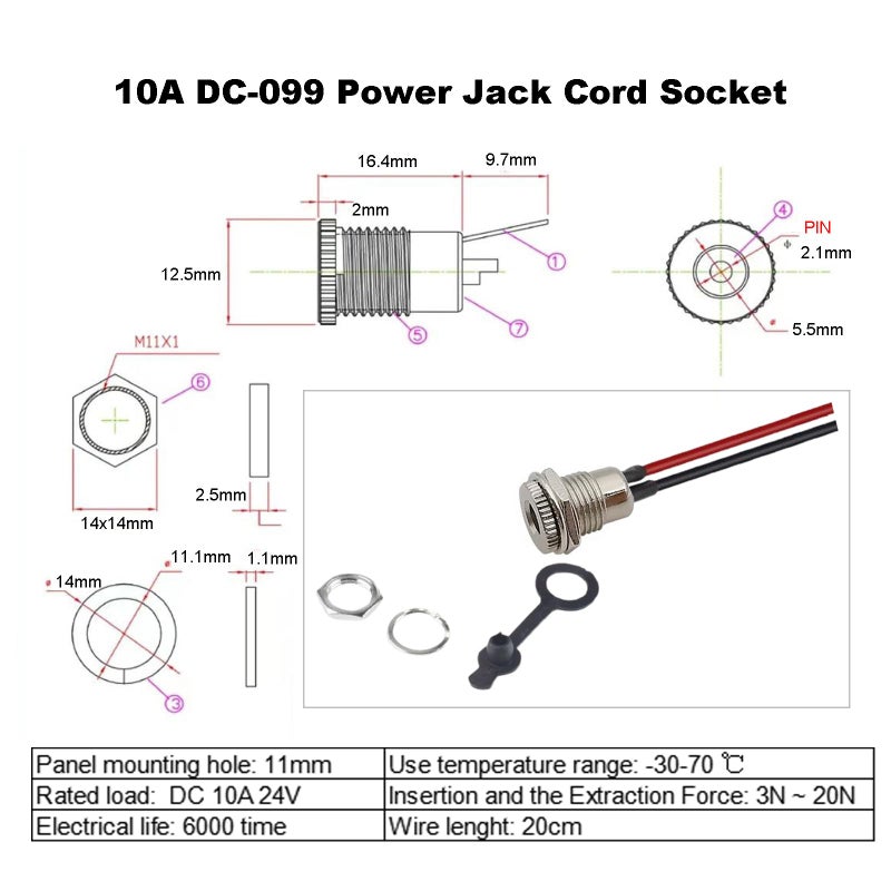 Eightnoo 5Pcs 5.5 x 2.1 mm DC Power Jack Socket, Real 18AWG 20cm DC Power Cord Barrel Connectors Threaded Female Panel Mount Sockets Adapter with Dust Caps for CCTV Security Camera - Image 4