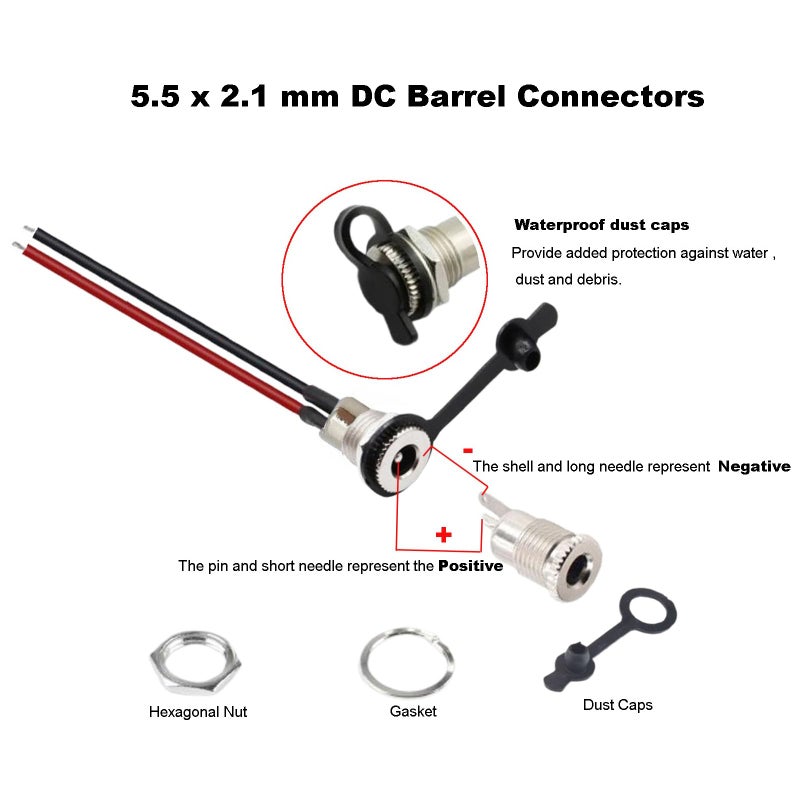 Eightnoo 5Pcs 5.5 x 2.1 mm DC Power Jack Socket, Real 18AWG 20cm DC Power Cord Barrel Connectors Threaded Female Panel Mount Sockets Adapter with Dust Caps for CCTV Security Camera - Image 3