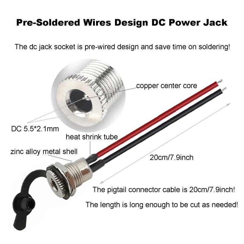 Eightnoo 5Pcs 5.5 x 2.1 mm DC Power Jack Socket, Real 18AWG 20cm DC Power Cord Barrel Connectors Threaded Female Panel Mount Sockets Adapter with Dust Caps for CCTV Security Camera - Image 2