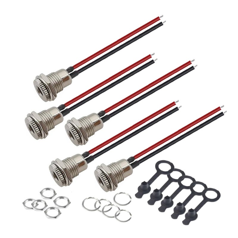 Eightnoo 5Pcs 5.5 x 2.1 mm DC Power Jack Socket, Real 18AWG 20cm DC Power Cord Barrel Connectors Threaded Female Panel Mount Sockets Adapter with Dust Caps for CCTV Security Camera - Image 1