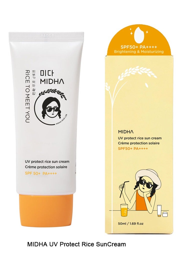 MIDHA UV Protect Rice Sun Cream 50ml offers broad-spectrum UVA/UVB protection with SPF 50+ and PA++++ in a lightweight, soft-cream formula infused with patented rice bran extract.  Finish without leaving a white cast, while remaining hypoallergenic and suitable for all skin types—including oily, dry, and combo. - Image 2