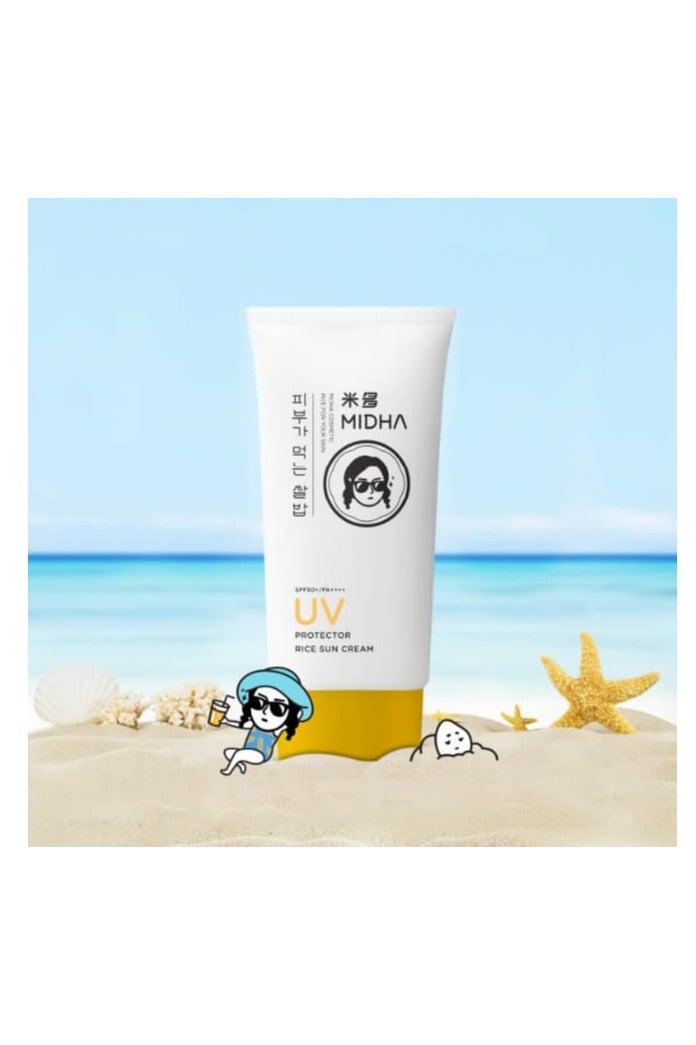 MIDHA UV Protect Rice Sun Cream 50ml offers broad-spectrum UVA/UVB protection with SPF 50+ and PA++++ in a lightweight, soft-cream formula infused with patented rice bran extract.  Finish without leaving a white cast, while remaining hypoallergenic and suitable for all skin types—including oily, dry, and combo. - Image 3
