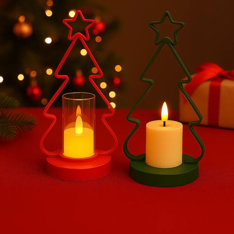 CORALTREE CORAL TREE Set of 2 LED Christmas Tree Candle Holders – Red & Green Festive Lights - Image 2