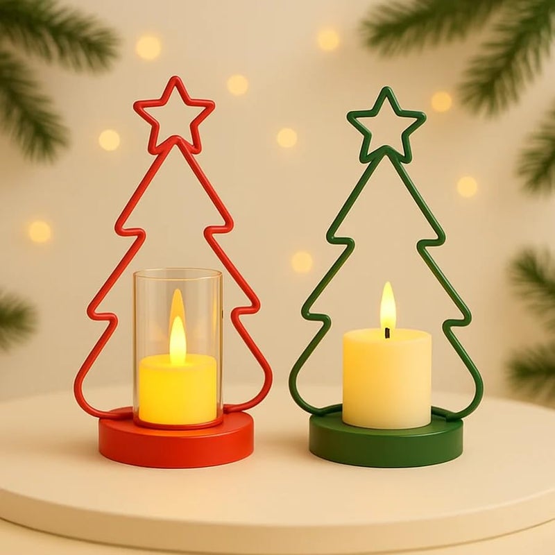 CORALTREE CORAL TREE Set of 2 LED Christmas Tree Candle Holders – Red & Green Festive Lights - Image 1