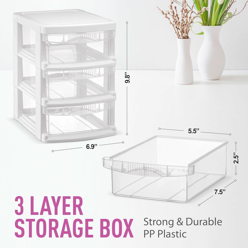 Tribello 3 Drawer Plastic Storage, Mini Drawer Unit, White Frame With Clear Drawers for Craft Storage - 8.5"L X 7"W X10"H Inches - (1 Pack) - Image 2
