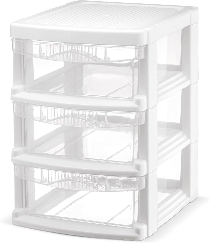 Tribello 3 Drawer Plastic Storage, Mini Drawer Unit, White Frame With Clear Drawers for Craft Storage - 8.5"L X 7"W X10"H Inches - (1 Pack) - Image 1