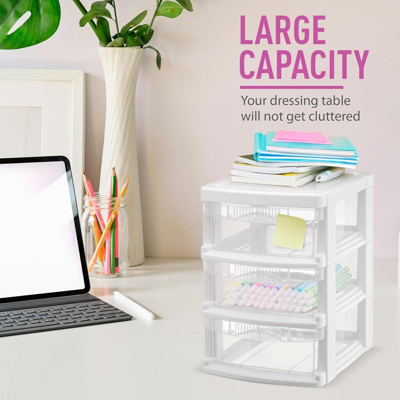 Tribello 3 Drawer Plastic Storage, Mini Drawer Unit, White Frame With Clear Drawers for Craft Storage - 8.5"L X 7"W X10"H Inches - (1 Pack) - Image 5