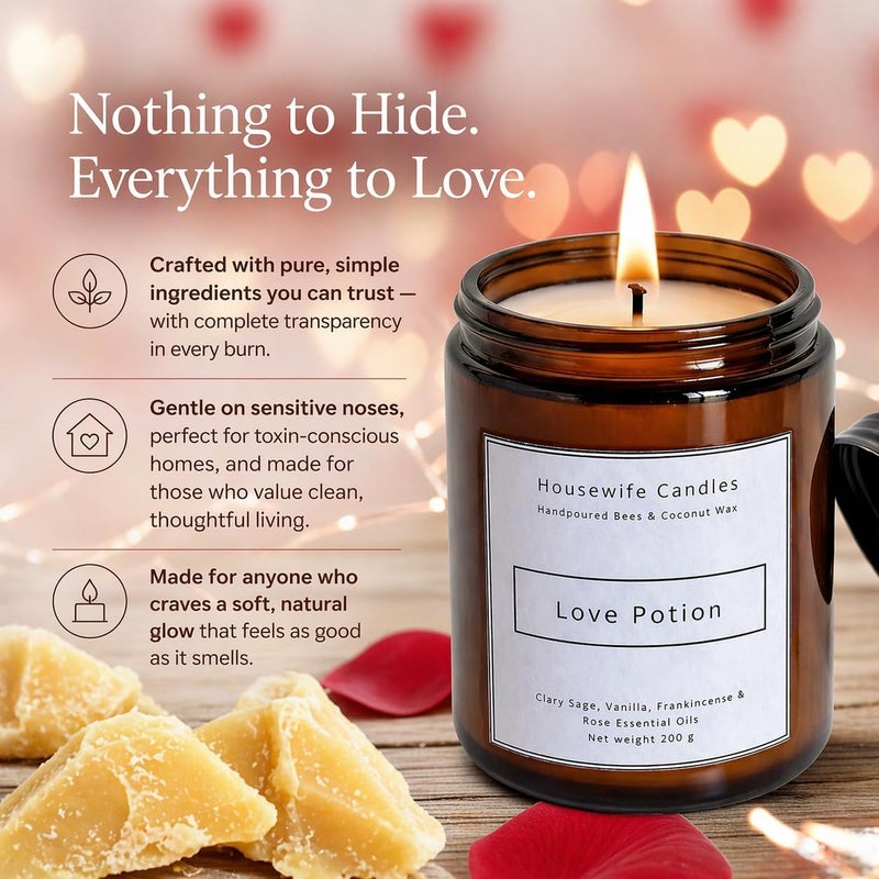 LOVE POTION Scented Aromatherapy Candle – Rose, Vanilla, Frankincense & Clary Sage Essential Oils – Romance & Relaxation Candle – Beeswax & Coconut Wax – Natural Home Fragrance, 200g, 35-Hour Burn - Image 2