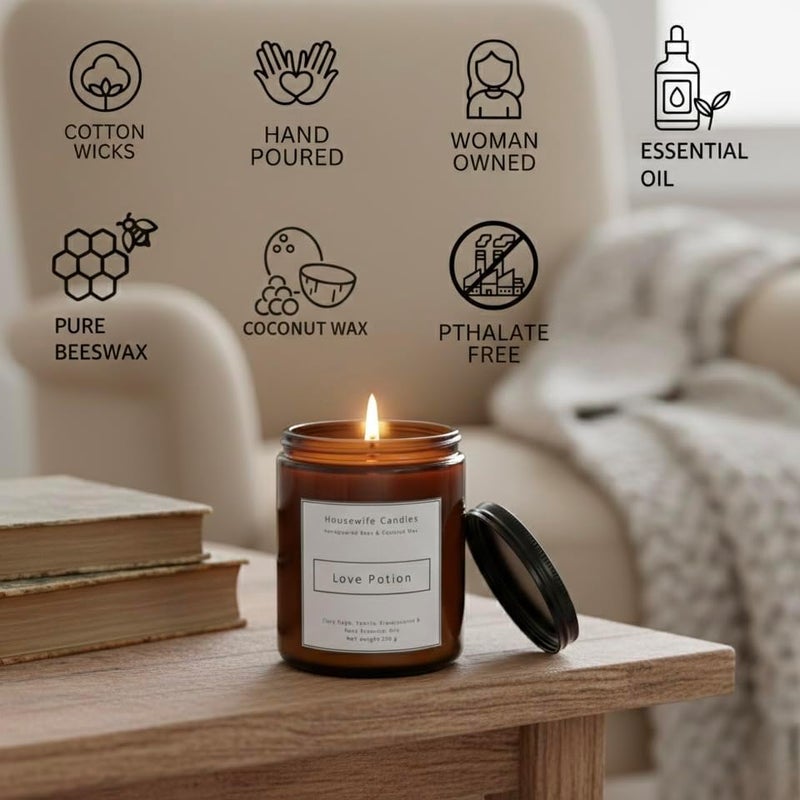 LOVE POTION Scented Aromatherapy Candle – Rose, Vanilla, Frankincense & Clary Sage Essential Oils – Romance & Relaxation Candle – Beeswax & Coconut Wax – Natural Home Fragrance, 200g, 35-Hour Burn - Image 4
