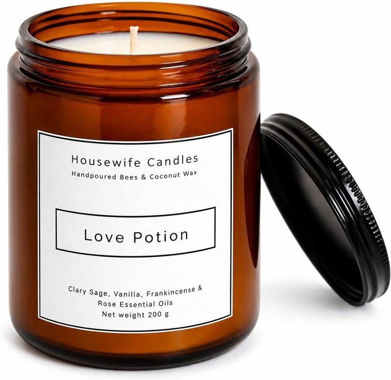 LOVE POTION Scented Aromatherapy Candle – Rose, Vanilla, Frankincense & Clary Sage Essential Oils – Romance & Relaxation Candle – Beeswax & Coconut Wax – Natural Home Fragrance, 200g, 35-Hour Burn - Image 1