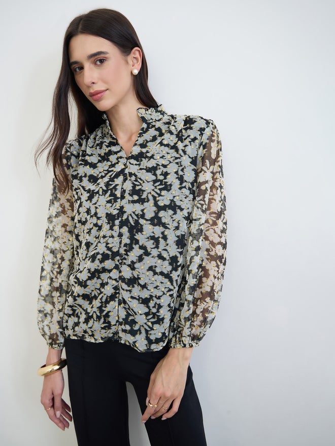 Styli Black Floral Print Sheer Blouse - Image 1