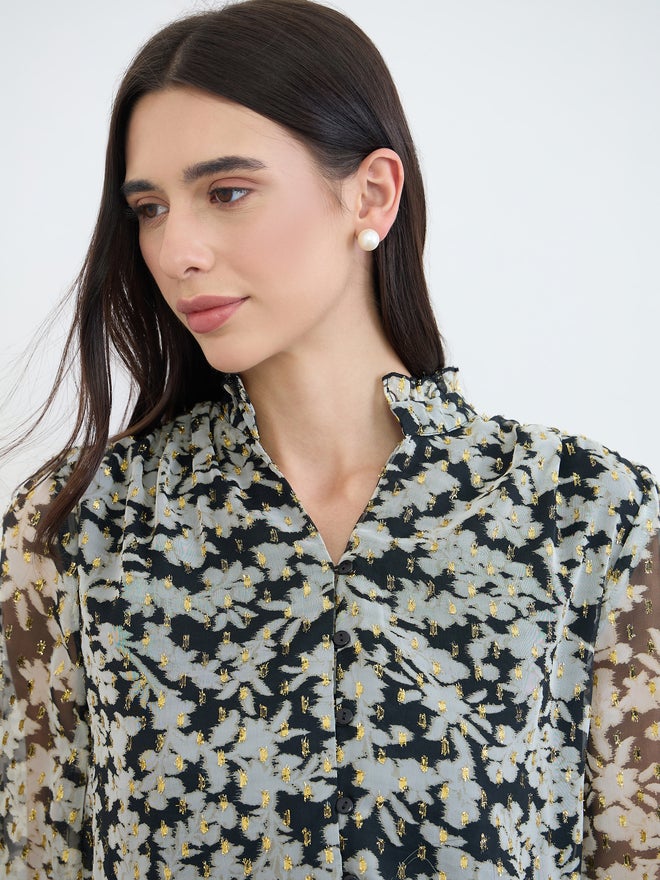 Styli Black Floral Print Sheer Blouse - Image 4