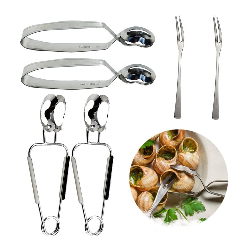 DOERDO 6PCS Stainless Steel Escargot Snail Tongs with Forks Kitchen Cooking Tool for Kitchen Cooking and Restaurant Serving 6Inch