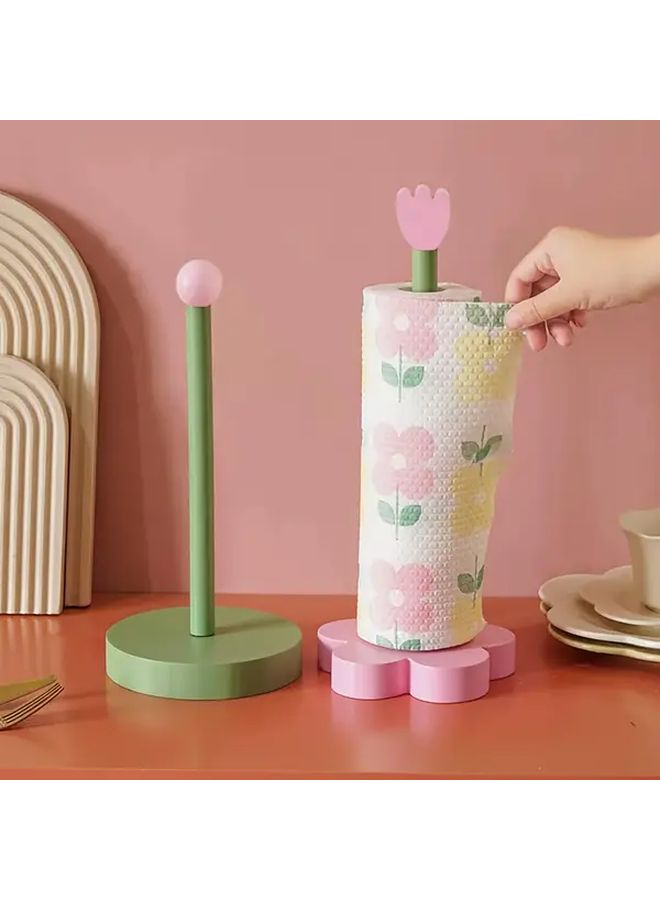 Wooden Tissue Holder With Floral Design And Heart Cutouts Pastel Pink Mint Green Ball Style - Image 1