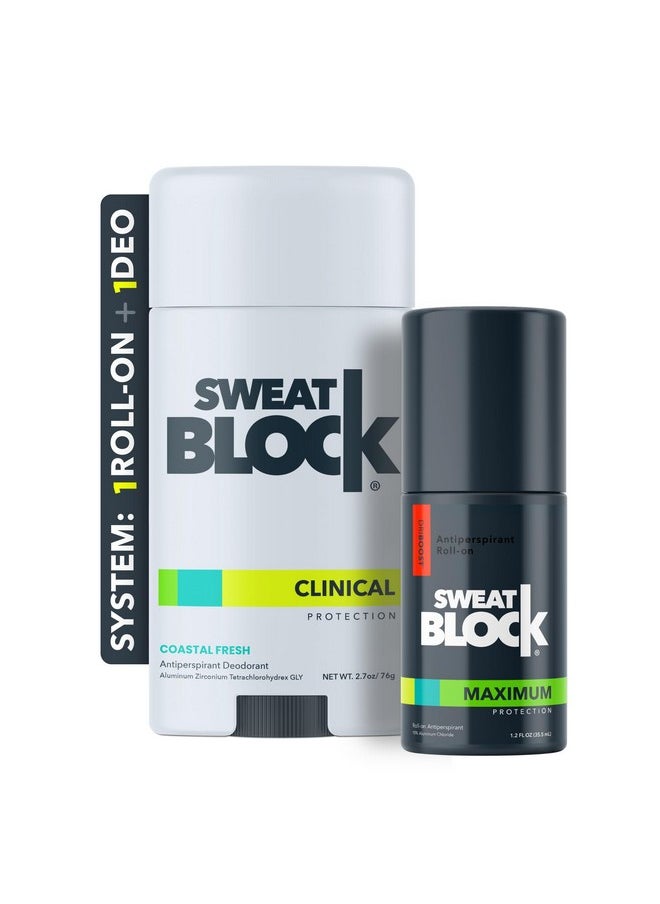 Sweatblock - SweatBlock Antiperspirant Deodorant System - MAXIMUM CLINICAL STRENGTH for Men & Women - Hyperhidrosis Aid Up for to 7-Day Sweat Control - Roll-On 1.2 fl oz + 48-Hour Odor Protection Stick 2.7oz - Image 1