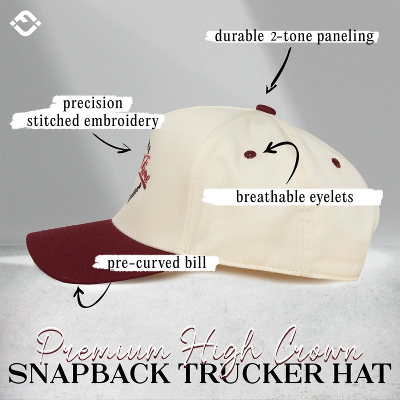 Funky Junque Two Tone Vintage Snapback Hat - Here for a Good Time Not a Long Time - Burgundy/Beige - Image 3